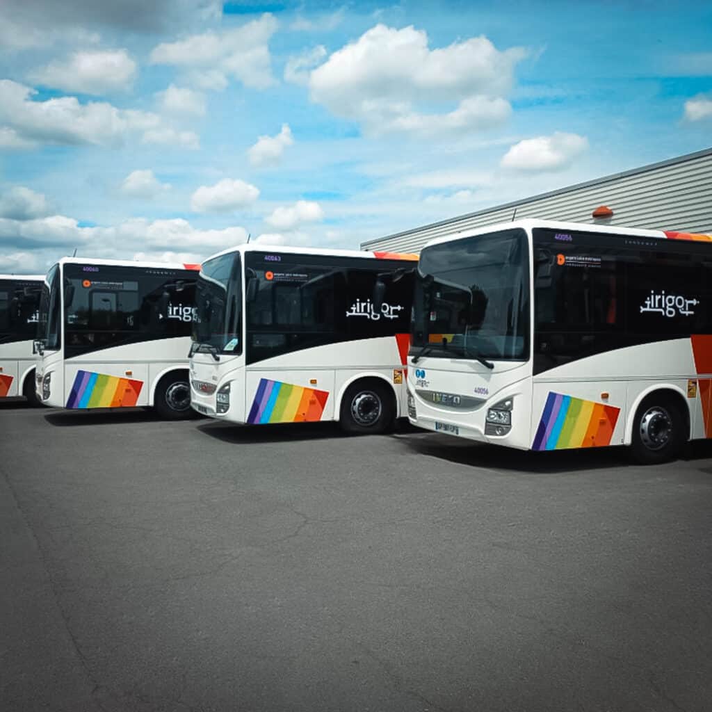 Ensemble de bus du réseau IRIGO habillés par Graphibus