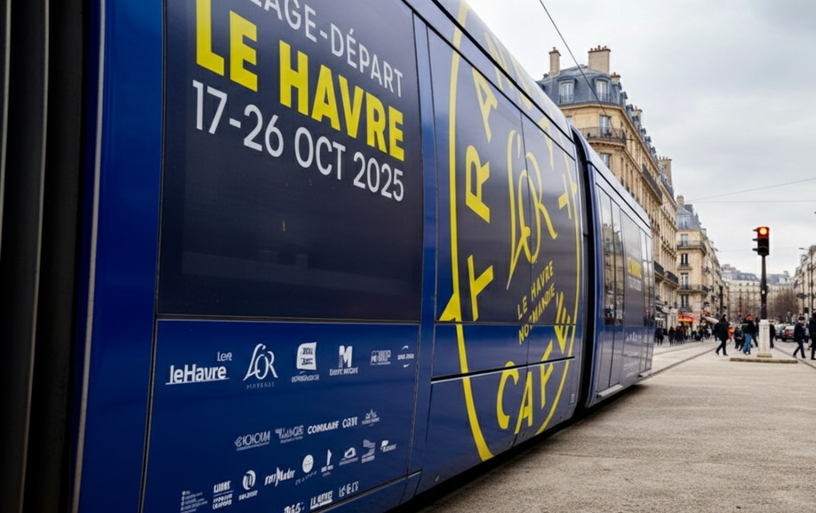 Pose de covering événementiel sur rame de tramway au Havre